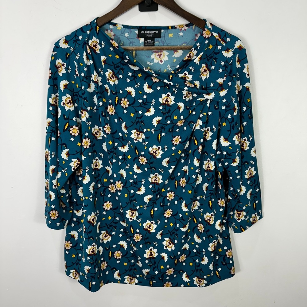 Liz Claiborne Blouse PXXL Petite Plus Blue Floral Workwear‎ Career Boho Cottage